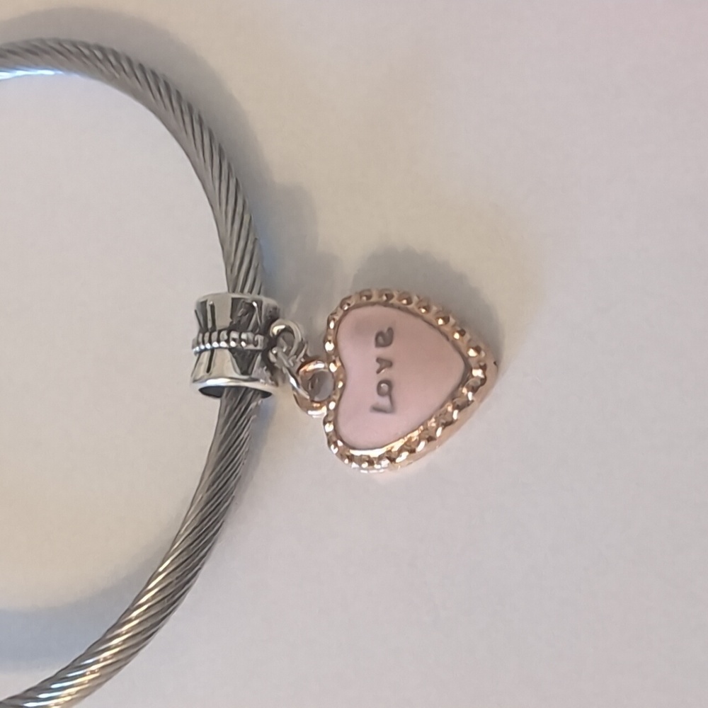 Gold and Pink Heart Love Dangle Charm for Pandora‎ Style Bracelet